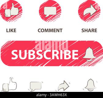 Handgezeichneter Satz von Symbolen für Social-Media-Interaktionen, einschließlich Daumen nach oben, Glocke, Kommentarfeld und Pfeil. Retro-Bleistiftpinsel, perfekt für digitale Fortsetzung Stock Vektor