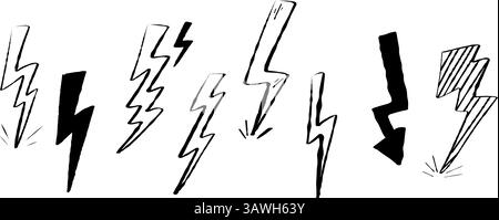 Sammlung von Donner- und Blitzsymbolen im handgezeichneten Bleistiftstil. Wetterbezogene, dramatische Konzepte Skizzenvektorillustration Stock Vektor