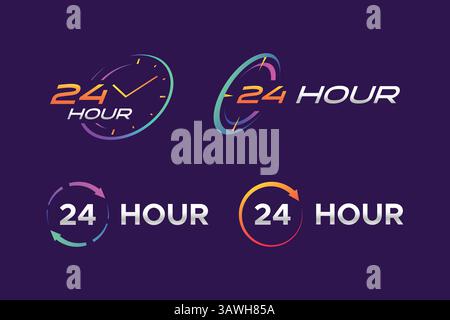 24-Stunden-Symbol-Zeichen Symbol-Logo-Grafik-Vorlage Farbverlauf Moderner Stil Neonlicht Stock Vektor