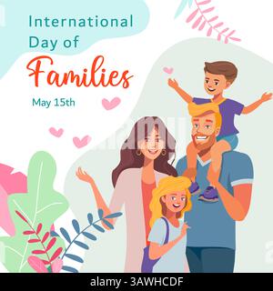 Glücklicher internationaler Tag der Familie Illustration mit Kindern, Vater und Mutter Wohnung Cartoon Vektor Illustration. Stock Vektor