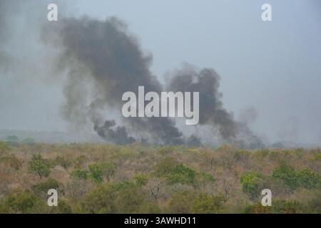Ghana, Mole National Park. Kontrollierte Verbrennung von der Zaina Lodge Terrace aus gesehen. Stockfoto