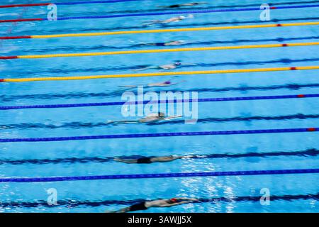 LONDON, VEREINIGTES KÖNIGREICH. 20. April, 25. Eine allgemeine Ansicht des Rückschlags der Männer 200 – H während der Aquatics GB Schwimmen-Meisterschaft 2025 Tag 6 im London Aquatics Centre am Sonntag, den 20. April 2025. LONDON ENGLAND. Quelle: Taka G Wu/Alamy Live News Stockfoto
