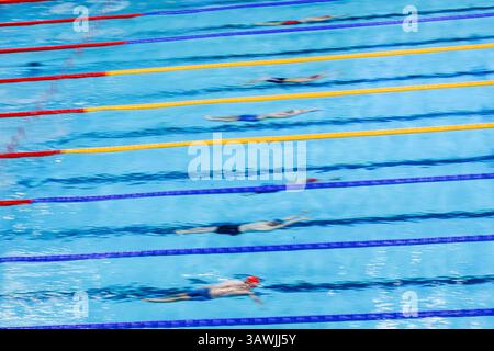 LONDON, VEREINIGTES KÖNIGREICH. 20. April, 25. Eine allgemeine Ansicht des Rückschlags der Männer 200 – H während der Aquatics GB Schwimmen-Meisterschaft 2025 Tag 6 im London Aquatics Centre am Sonntag, den 20. April 2025. LONDON ENGLAND. Quelle: Taka G Wu/Alamy Live News Stockfoto
