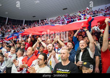 Budweis, Tschechische Republik. April 2025. Tschechische Fans während der Eishockey IIHF Frauen-Weltmeisterschaft, dem Bronzemedaillenspiel Finnland gegen Tschechien, Ceske Budejovice, Tschechische Republik, 20. April 2025. Quelle: Petr Skrivanek/CTK Photo/Alamy Live News Stockfoto