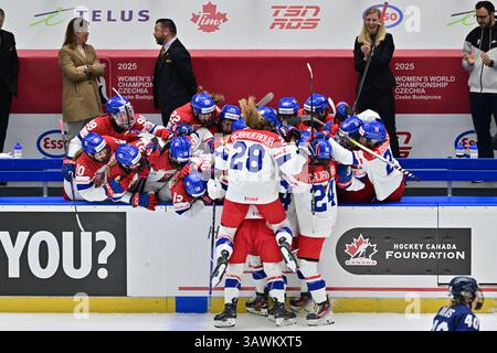 Budweis, Tschechische Republik. April 2025. Tschechische Spieler feiern das dritte Tor ihrer Mannschaft während der Eishockey IIHF Frauen-Weltmeisterschaft, dem Bronzemedaillenspiel Finnland gegen Tschechien, Ceske Budejovice, Tschechien, 20. April 2025. Quelle: Vaclav Pancer/CTK Photo/Alamy Live News Stockfoto
