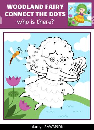 Vektor-Fairyland Punkt-zu-Punkt und Farb-Aktivität mit sumpfigen, luftigen, farbigen Naturszene. Zauberwald oder Garten verbinden das Punktspiel für Kinder. Wer ich bin Stock Vektor