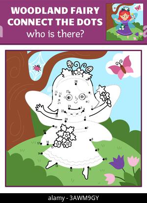 Vektor-Fairyland Punkt-zu-Punkt und Farb-Aktivität mit Beerenfee, farbige Naturszene. Zauberwald oder Garten verbinden das Punktspiel für Kinder. Wer Stock Vektor