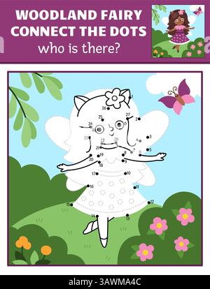 Vektor-Fairyland Punkt-zu-Punkt und Farb-Aktivität mit Feen, farbige Naturszene. Zauberwald oder Garten verbinden das Punktspiel für Kinder. Wer ist falsch Stock Vektor