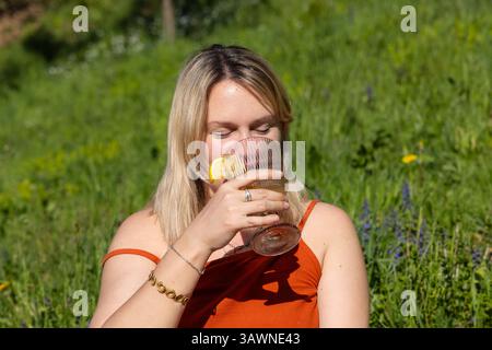 Frau im Roten Kleid trinkt Fruchtsaft bei einem Picknick Stockfoto