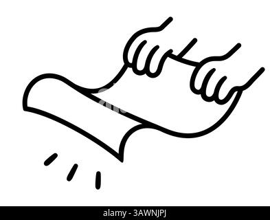 Zeichentrickzeichnung mit Händen, die Teppich, Handtuch oder Wäscherei ausschütteln. Einfaches Schwarzweiß-Symbol. Handgezeichnete Vektorgrafik. Stock Vektor