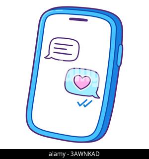Links auf Lesen. SMS-Chat auf dem Smartphone, Liebesgeständnis hat Häkchen ohne Antwort zugestellt. Niedliche Zeichentrickfigur, einfache handgezeichnete Kritzelei. Stock Vektor