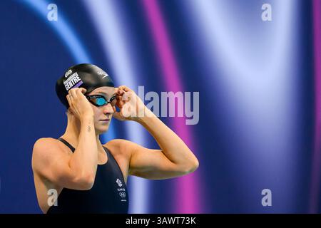 LONDON, VEREINIGTES KÖNIGREICH. 20. April, 25. Abbie Wood tritt am Sonntag, den 20. April 2025, bei den Aquatics GB Swimming Championships 2025 Day 6 im London Aquatics Centre in der 100-m-Freistil der Frauen an. LONDON ENGLAND. Quelle: Taka G Wu/Alamy Live News Stockfoto