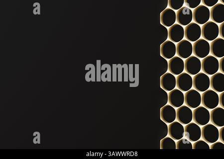 Dieser abstrakte Hintergrund mit einer Wabenstruktur verfügt über ein stilvolles dunkles Farbschema, das sich perfekt für Werbematerialien eignet und reichlich bietet Stockfoto