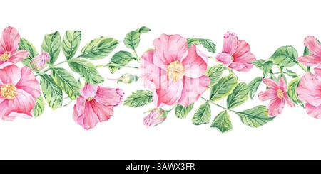Hagebutte nahtlose Grenzblume am Stiel mit Aquarellillustration auf weiß. Handgezeichnete botanische Skizze mit rosafarbenem Rosenmuster zum Bedrucken Stockfoto