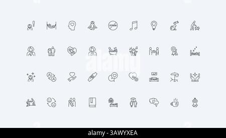 Berater, Liebe und Empathie heilen Depression, Geistesstörung dünne schwarze Umrisssymbole Vektor-Illustration. Unterstützung und Selbsthilfe bei Stress, Psychologie-Therapie, Wohlbefinden Line Icon Set Stock Vektor