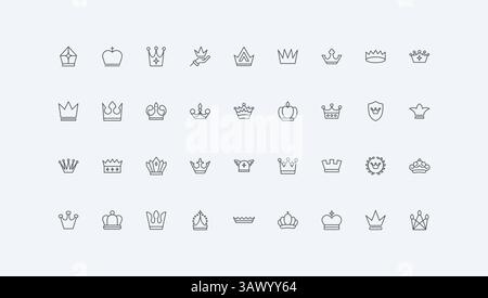 Luxus-Preis, Gewinner klassische Trophäe, VIP-Mitglied dünne schwarze Umrisssymbole Vektor-Illustration. Krone von König und Königin, königliches Diadem des Kaisers, Prinzessin und Prinz, Ikone der Autorität Stock Vektor