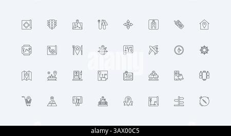 Gadgets, um Position Pin auf der Karte von Restaurant und Haus, Tankstelle, Krankenhaus und Parkplatz dünne schwarze Umrisssymbole Vektor-Illustration zu finden. GPS-Navigation, Symbolsatz für Tracking-Linien Stock Vektor