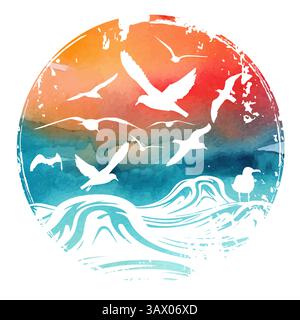 Abstrakte Meereswellen mit Möwen. Wellen und Möwen. Vektorabbildung. Stock Vektor