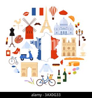 Eiffelturm und Baskenmütze des Franzosen, Croissant und Käse, Roller Cartoon Vektor Illustration. Französische Kulturelemente und Wahrzeichen, Flagge und Karte von Frankreich, Speisenmenü in rundem Infografik-Banner Stock Vektor