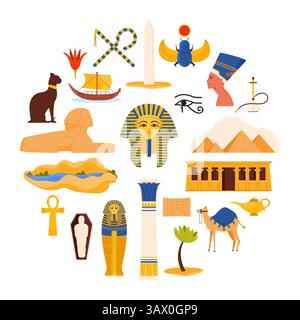 Auge von Horus und Bastet Katze, Nillandschaft und Pyramiden von Gizeh Cartoon Vektor Illustration. Reisen Sie nach Ägypten Set, antike ägyptische Kulturelemente und Wahrzeichen in rundem Infografik-Banner Stock Vektor
