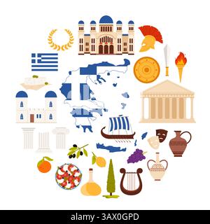 Landflagge und alte Griechen Dekoration, alte Ruinen und Tempel, berühmte Lebensmittel Cartoon Vektor Illustration. Reisen Sie nach Griechenland mit rundem Bannerdesign mit griechischen Text- und Kulturelementen im Kreis Stock Vektor