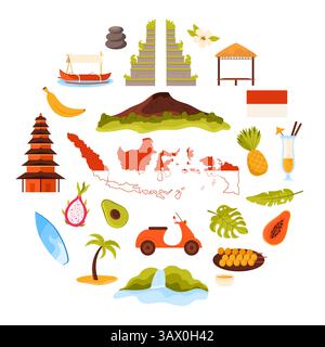 Indonesische Flagge und Karte, tropisches Paradies Karikaturvektor Illustration. Reisen Sie nach Indonesien, kulturellen Elementen und Hindutempel, Wahrzeichen der Natur und Architektur in runden Infografiken Stock Vektor
