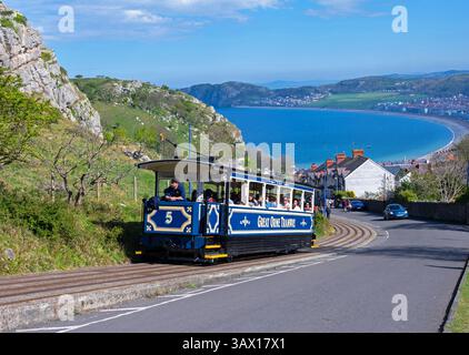 Die große Orme Tram fährt in der schönen Frühlingssonne vorbei, Llandudno, Wales. April 2025. Stockfoto