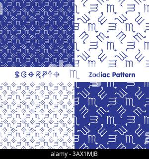 Nahtloses Sternzeichen-Muster mit Skorpio-Sternzeichen. Hintergrund der Zodiac-Symbole. Abstrakter flacher Stil. Vektorabbildung. Stock Vektor