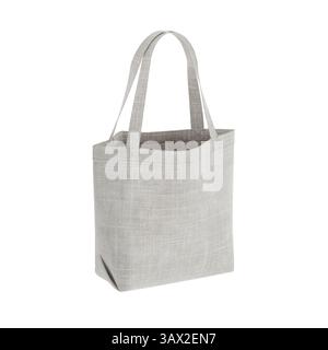 Weiße leere Textil-Einkaufstasche Mockup-Vorlage zum Einkaufen mit Griffen auf weißem Hintergrund. 3D-Rendering Stockfoto