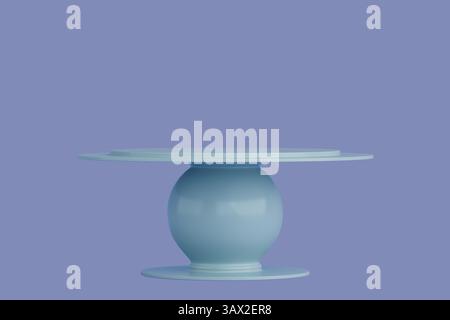 Stilvoller, türkisfarbener Kuchenständer in Hochglanzblau, runder Standtisch mit kugelförmigem Sockel, moderner Minimal Style und futuristisches Clean Design auf blauem Hintergrund Stockfoto