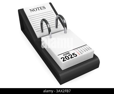 Juni-Kalender 2025 auf weißem Hintergrund. 3D-Rendering Stockfoto