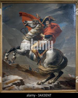 Gemälde von Jacques-Louis David, Napoleon Crossing the Alps (auch Napoleon am Saint-Bernard-Pass, 1801, Belvedere, Wien, Österreich) Stockfoto