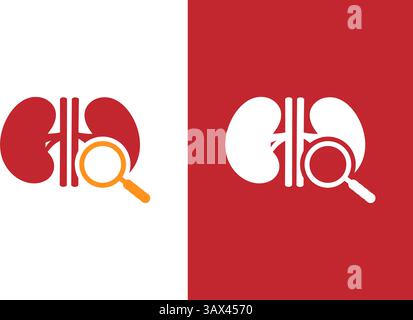 Nieren- und Lupenlogokombination. Einzigartige interne Vorlage für den Logotyp des menschlichen Organs. Stock Vektor