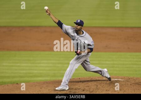 28. August 2016 - Miami, FL, USA - San Diego Padres' Luis Perdomo (61) Plätze während des dritten Inning gegen die Miami Marlins am Sonntag, 28. August 2016 im Marlins Park in Miami, Florida (Credit Image: © Matias J. Ocner/TNS via ZUMA Wire) Stockfoto