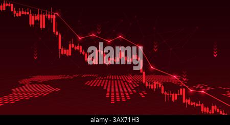 Fallende Aktiencharts mit einer Weltkarte am unteren Rand weisen auf eine wirtschaftliche Rezession, Marktvolatilität oder Finanzkrise hin. Geeignet für den Einsatz in Economi Stock Vektor