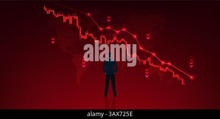 Der Aktienplan fällt, dahinter steht eine Weltkarte und ein Geschäftsmann. Aufgrund von Steuererhöhungen oder Zinserhöhungen, COMPA Stock Vektor