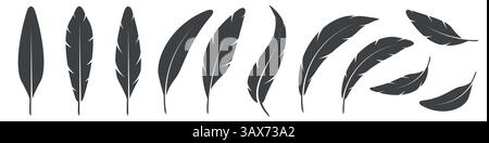 Ein Satz Vogelfedern in verschiedenen Formen, gerade, gebogen und fliegt. Illustration des flachen Vektors auf weißem Hintergrund isoliert. Stock Vektor