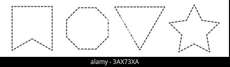 Flagge, Lesezeichen, Oktagon, Dreieck, Stern. Schere geschnittenes Strichlinienzeichen. Hier ausschneiden. Schwarze Schere schneiden. Illustration des flachen Vektors isoliert auf Wi Stock Vektor