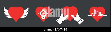 Engelsherz, Talent, Idee, dein Herz in die Hände zu geben, große Stadt. Set von Symbolen mit Herzen. Illustration des flachen Vektors isoliert auf weißem Hintergrund Stock Vektor