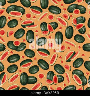 Nahtloses Muster mit Black Beauty Watermelon. Citrullus lanatus. Gemüse. Isolierte Vektordarstellung. Stock Vektor