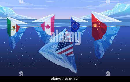 Handel Krieg Zölle Krieg Eisberg Flaggen Vereinigte Staaten China Europäische Union Kanada Mexiko untergetaucht Konflikt Wirtschaftskonzept blauer Hintergrund Stock Vektor