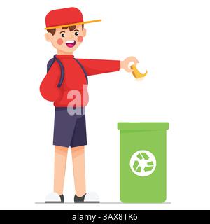 Süßer Junge, der Müll in den Recyclingbehälter wirft Stock Vektor