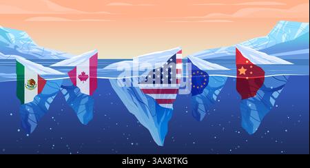 Handel Kriegstarife Kriegsflaggen Vereinigte Staaten China Europäische Union Kanada Mexiko Eisberge Ozean Konfliktkonzept Stock Vektor