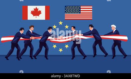 Handelskrieg Kanada Vereinigte Staaten EU-Zölle Konflikt Geschäftsleute ziehen von Krieg Nationalflaggen Sterne blauer Hintergrund politische Auseinandersetzungen Stock Vektor