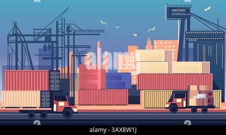Transport Container Handel Kriegstarife Krieg Kanada Vereinigte Staaten Hafen LKW Kräne Stadtbild Fracht Export Logistik Konfliktkonzept Stock Vektor
