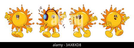 Funky Retro-Sonnenmaskottchen - niedliche Comic-Gesichtsausdrücke, große Schuhe, Kopfhörer und Sonnenbrillen. Verspielte Vintage-Emoticons zeigen lustige Sommerpartystimmung. Fröhliche, helle, gelbe, sonnige Persönlichkeit. Stock Vektor