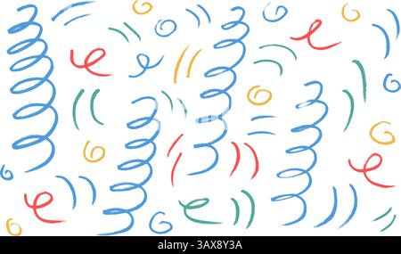 Farbenfrohe, getrocknete Markierstifte verfälschen Linien. Handgezeichnetes Konfetti für Kinder-Party-Feiern. Pinselstrich Linearstiftelemente isoliert auf weißem Hintergrund. Stock Vektor