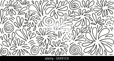 Feuerwerk, schwarze Linie, handgezeichnetes Set. Party-Feuerwerkskörper und Spritzer im Doodle-Stil isoliert auf weißem Hintergrund. Karnevalsschmuck. Vektor Stock Vektor