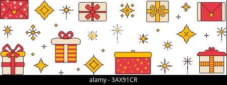 Weihnachtsgeschenkboxen und funkelnde Lichter im Pixelstil. 8-Bit-Geburtstagsgeschenke. Party-Geschenkbox im Retro-Stil der 90er Jahre. Preis mit Bogenvektor-Illustration i Stock Vektor