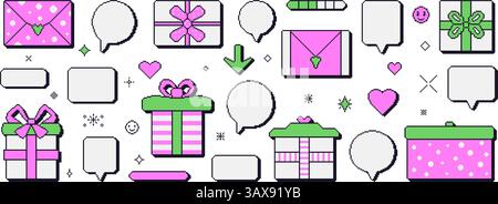 Geschenkboxen und Sprechblasen im Pixelstil. 8-Bit-Geburtstagsgeschenke. Geschenkbox im Retro-Stil der 90er Jahre. Preis mit Bogenvektor-Illustration auf weißem Ba Stock Vektor